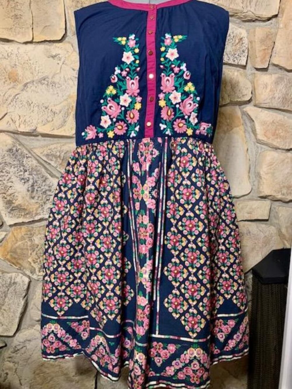 Modcloth Navy Floral Embroidered Fit-and-Flare Dress with Pink Trim